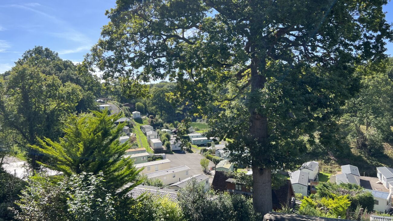 Looking down onto Bank Farm Holiday Park at well spaced Static caravans between trees