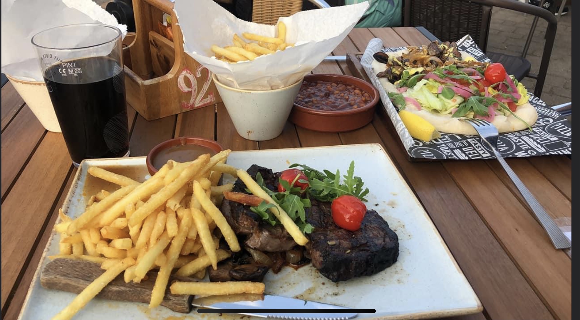 steak chips and a pizza
