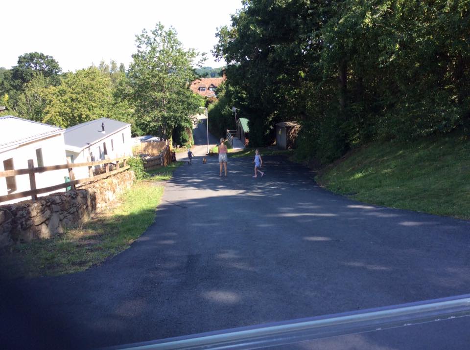 A lady, a child a someone with a dog on a lead head down the drive at Bank Farm to the swimming pool. The child is looking back towards the camera, the lady appears to be texting. The static caravans which edge the road are well spaced and surrounded by tall trees.